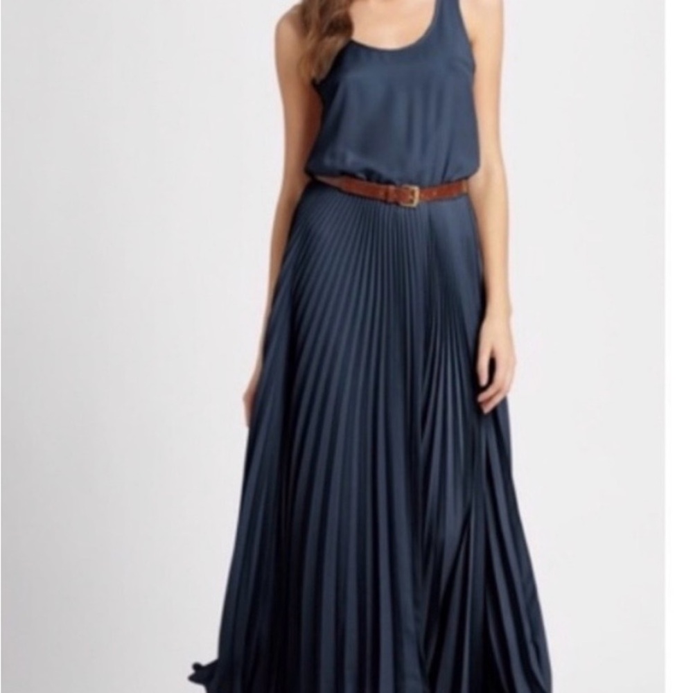 Michael Kors Navy Pleated Maxi Dress with Brown Belt ONLY WORN ONCE